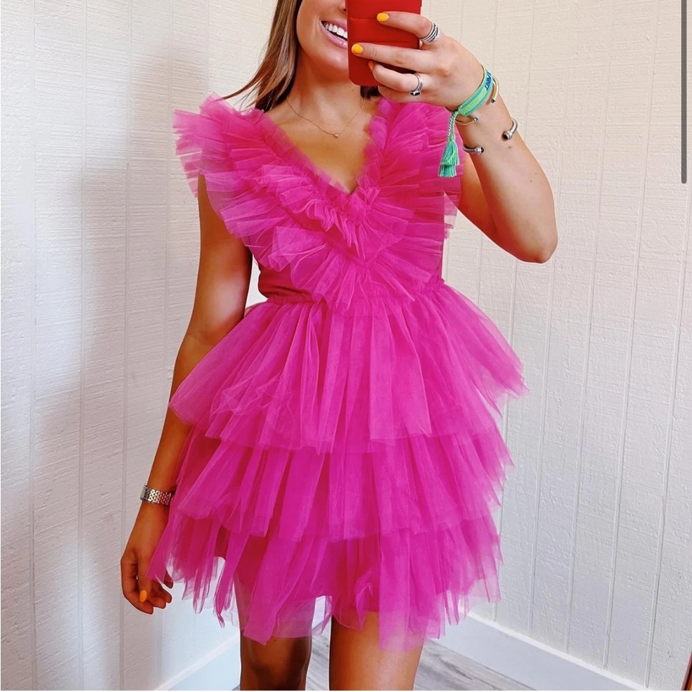 Hot Pink Tiered Tulle Mini Dress - Picture 3 of 3